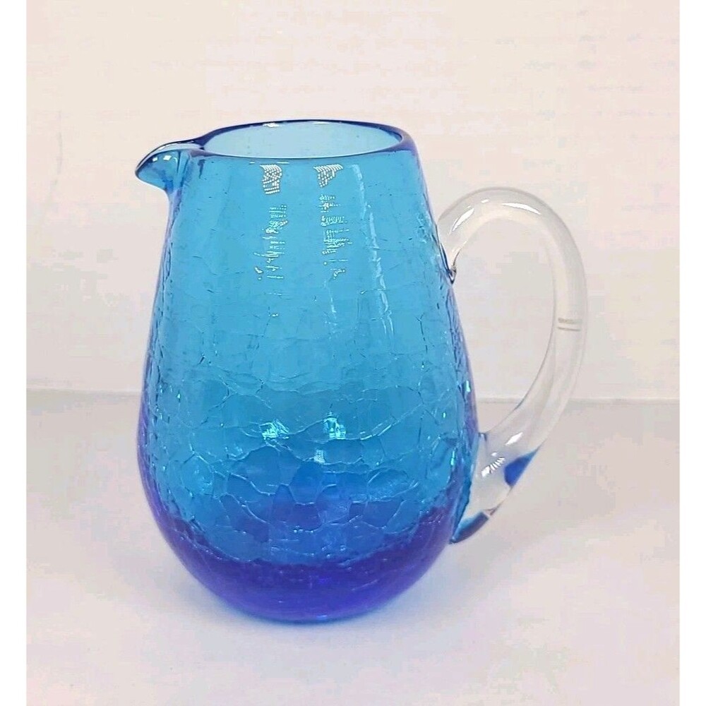 Vintage Small Blenko? Crackle Glass Pitcher 3 3/4” Blue Handled W/ Spout